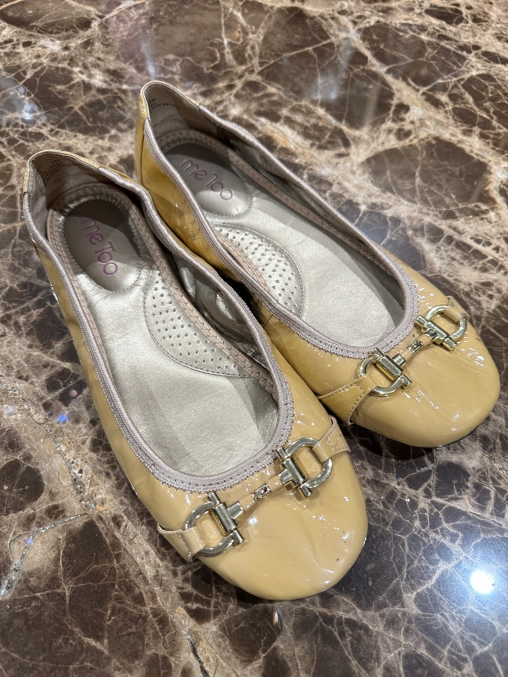 me too Patent Leather Ballet Flats in Light Beige with Silver Buckle